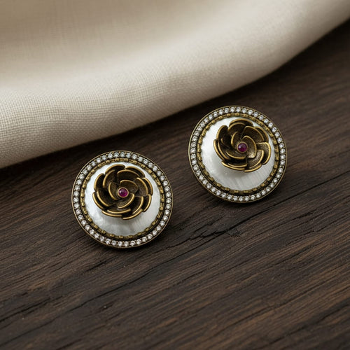 Antique Gold Rose Motif Mother of Pearl Disc Stud Earrings
