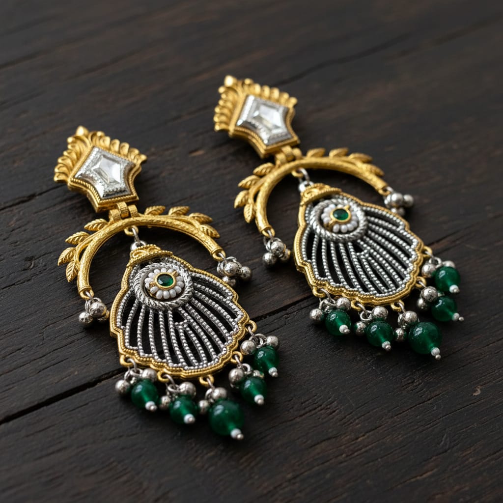 Rajwadi Dual Tone Chandbali Earrings with Mirror Kundan Top