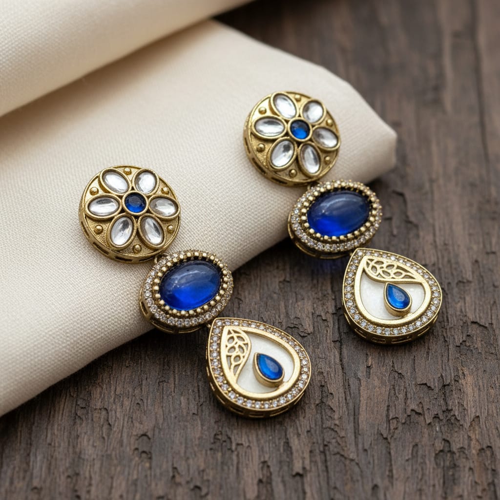 Kundan Polki Triple Drop Earrings with White Onyx