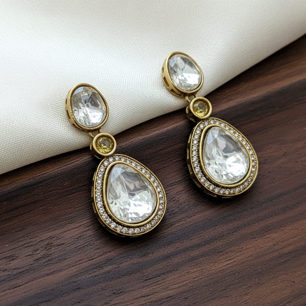 Antique Gold Polki Teardrop Drop Earrings