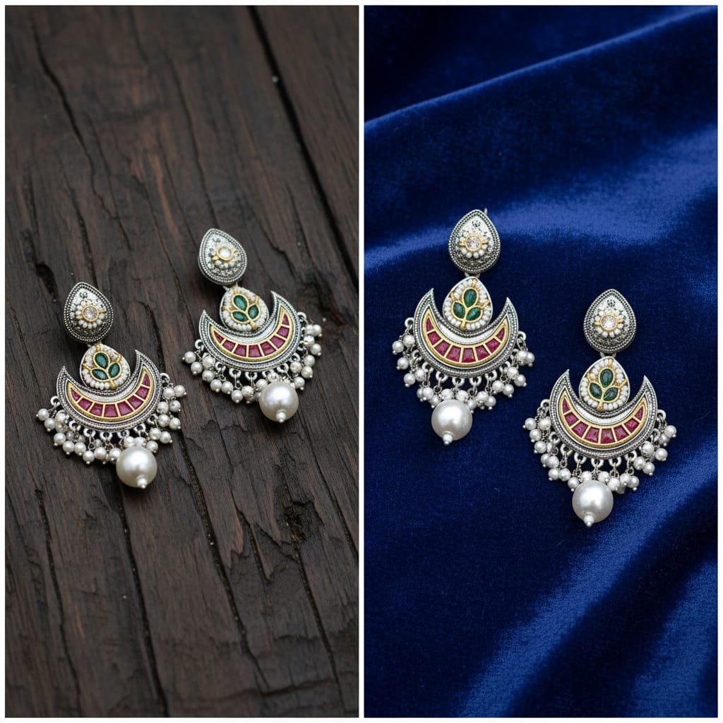 Meenakari Chandbali Earrings with Ruby Enamel-Pearl Drop