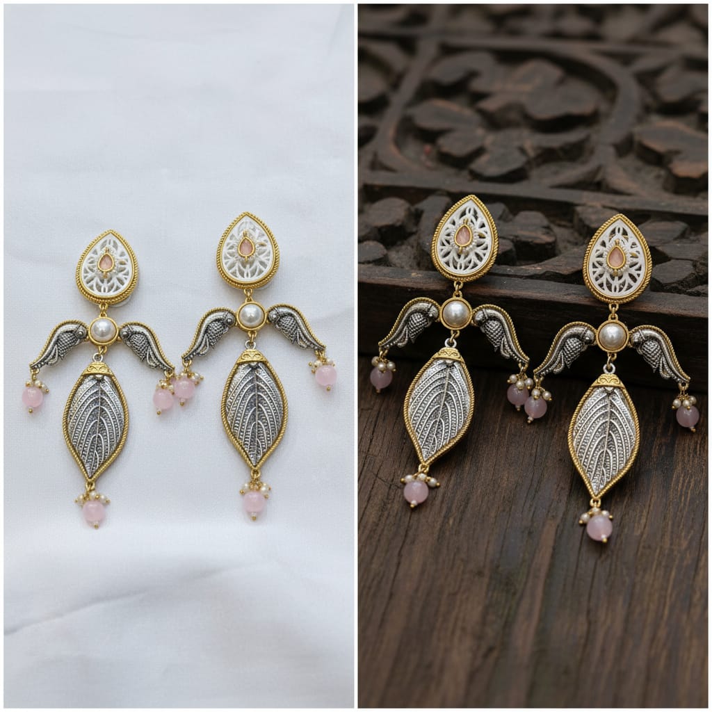 Dual Tone Leaf & Angel Wing Dangle Earrings