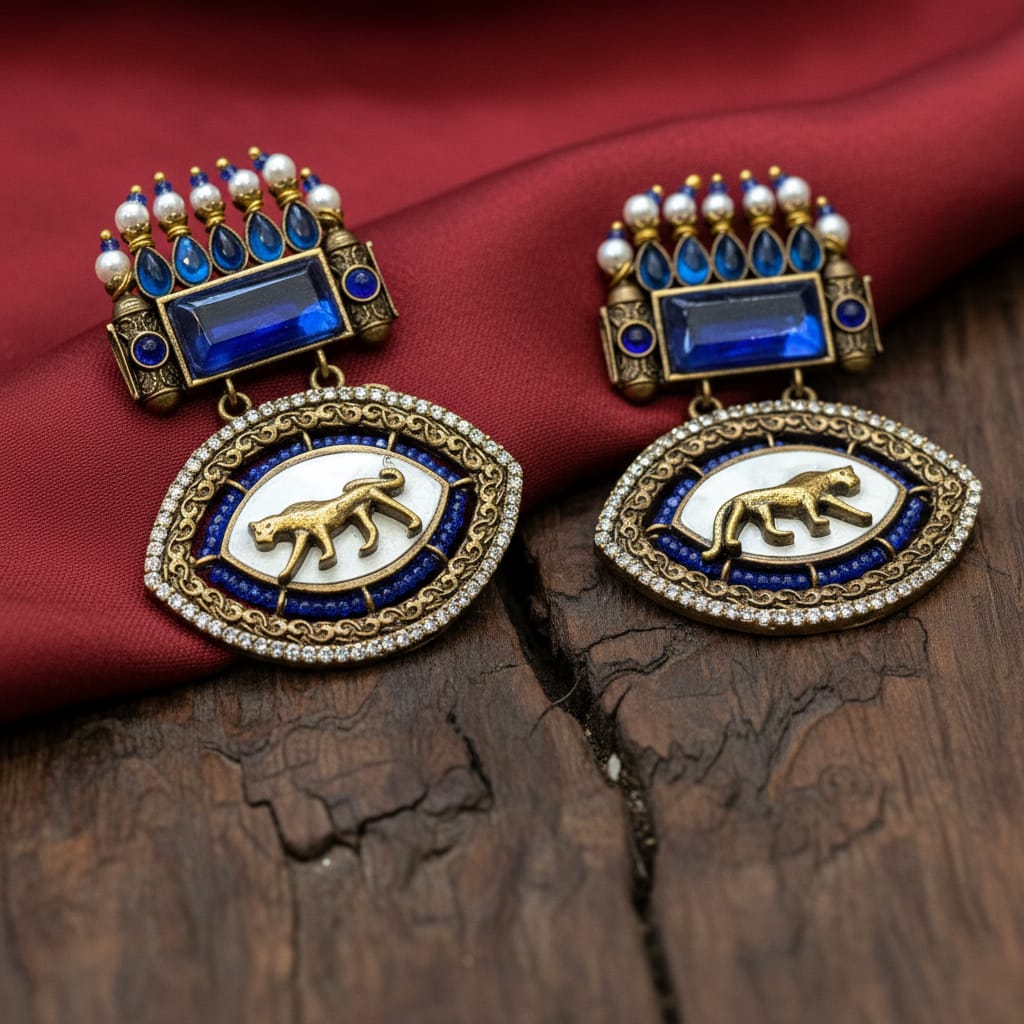 Antique Gold Tiger Motif Oval Drop Earrings