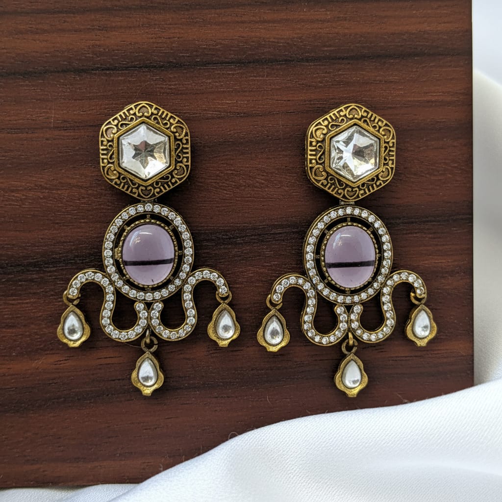 Polki Kundan Chandelier Earrings with Lavender Cabochon