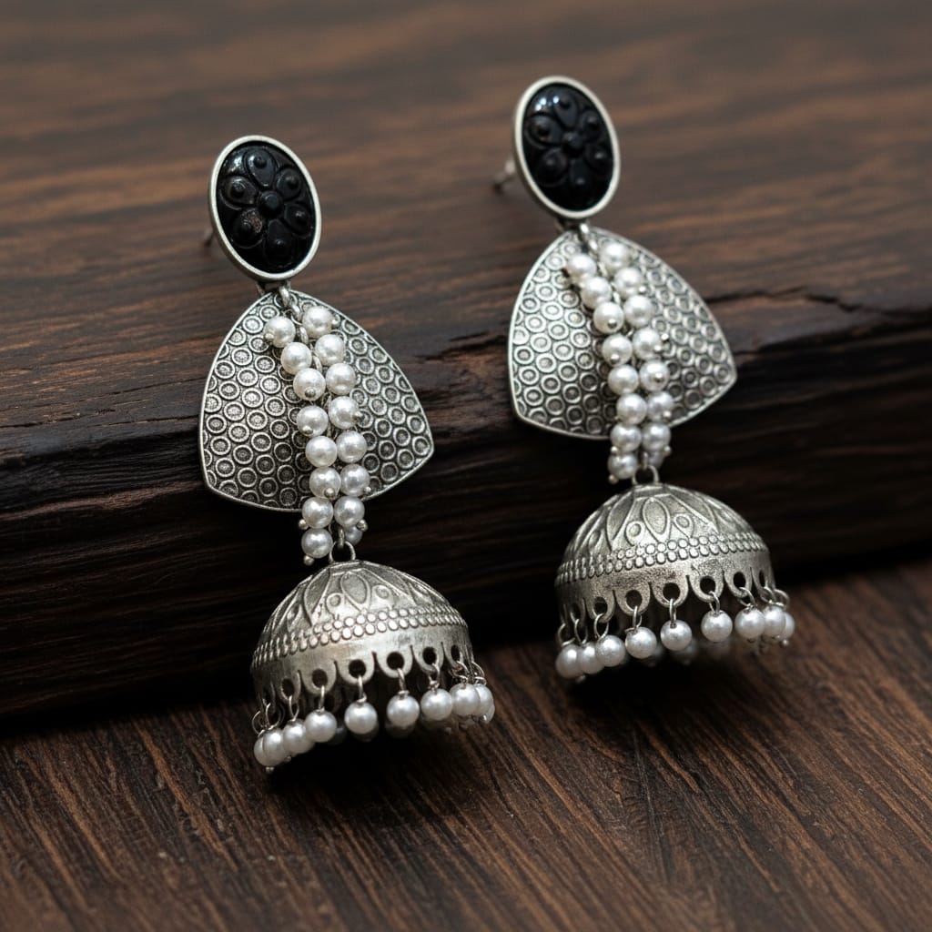 Oxidised Silver Black Onyx Jhumka Earrings with Pearl Drops