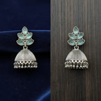 Oxidised Silver Jhumka Earrings with Aqua Marquise Lotus Top