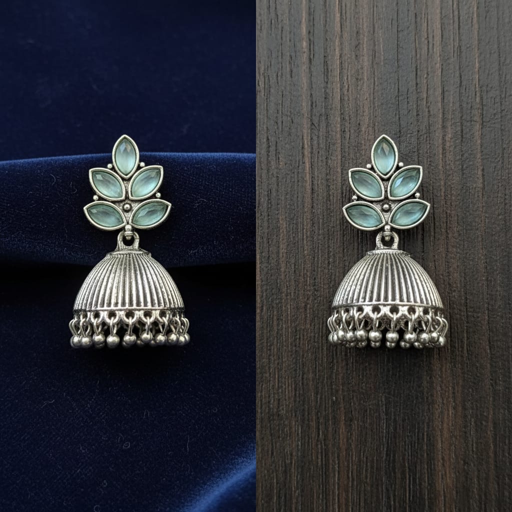 Oxidised Silver Jhumka Earrings with Aqua Marquise Lotus Top
