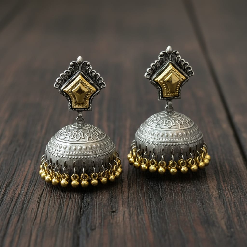 Dual Tone Oxidised Silver & Gold Jhumka Earrings