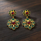 Meenakari Floral Drop Earrings with Gemstone Centre