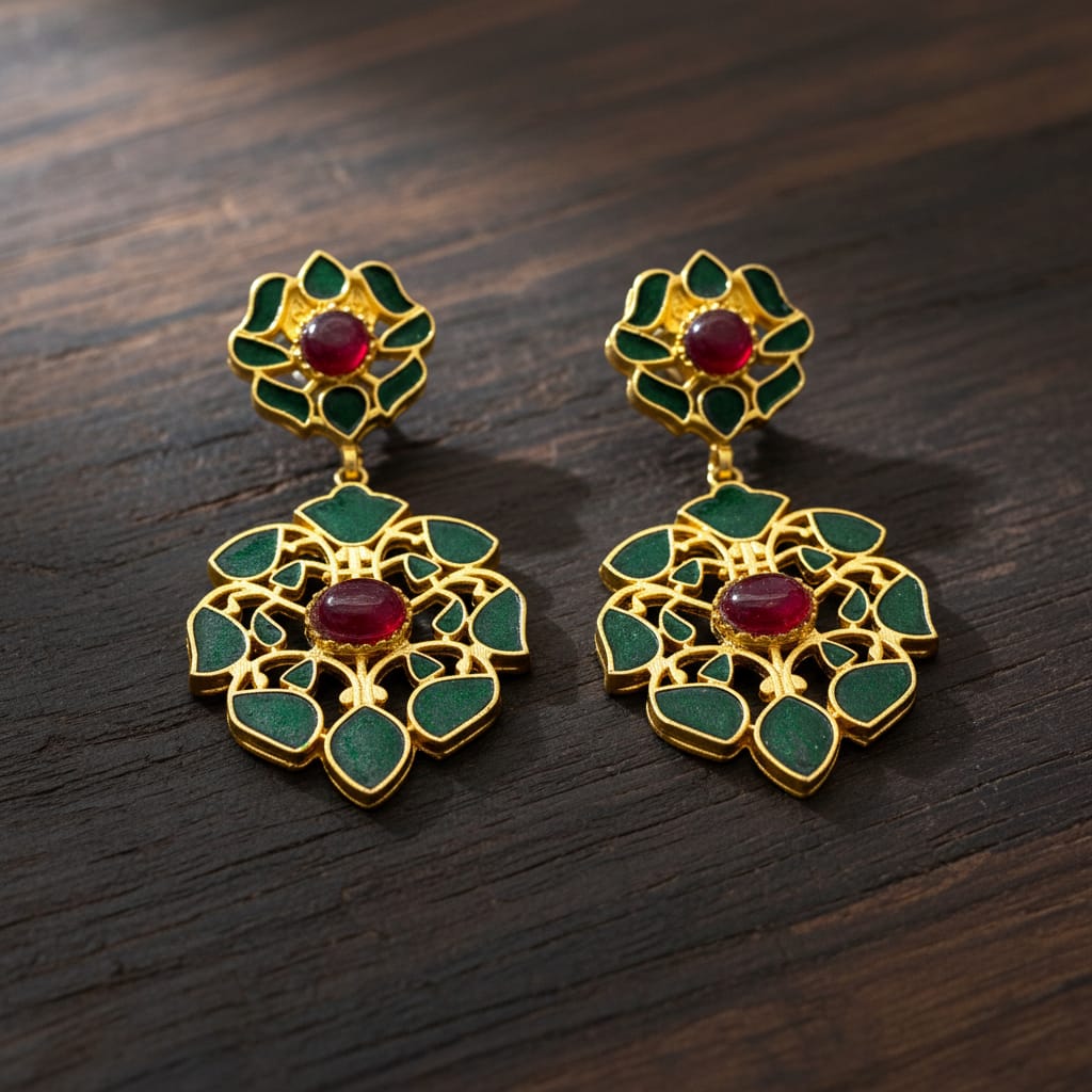 Meenakari Floral Drop Earrings with Gemstone Centre