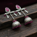 Oxidised Silver Ruby Bead Jhumka Earrings