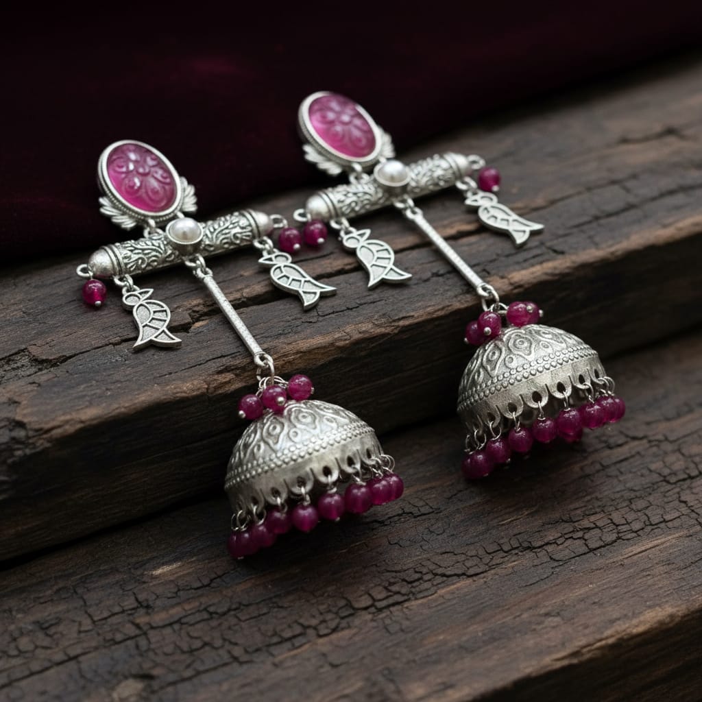 Oxidised Silver Ruby Bead Jhumka Earrings