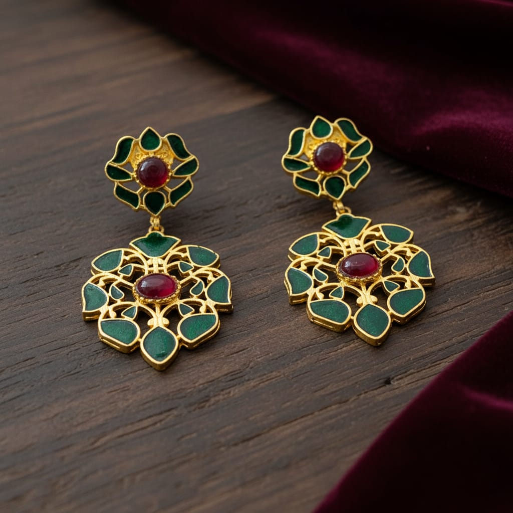 Meenakari Floral Drop Earrings with Gemstone Centre
