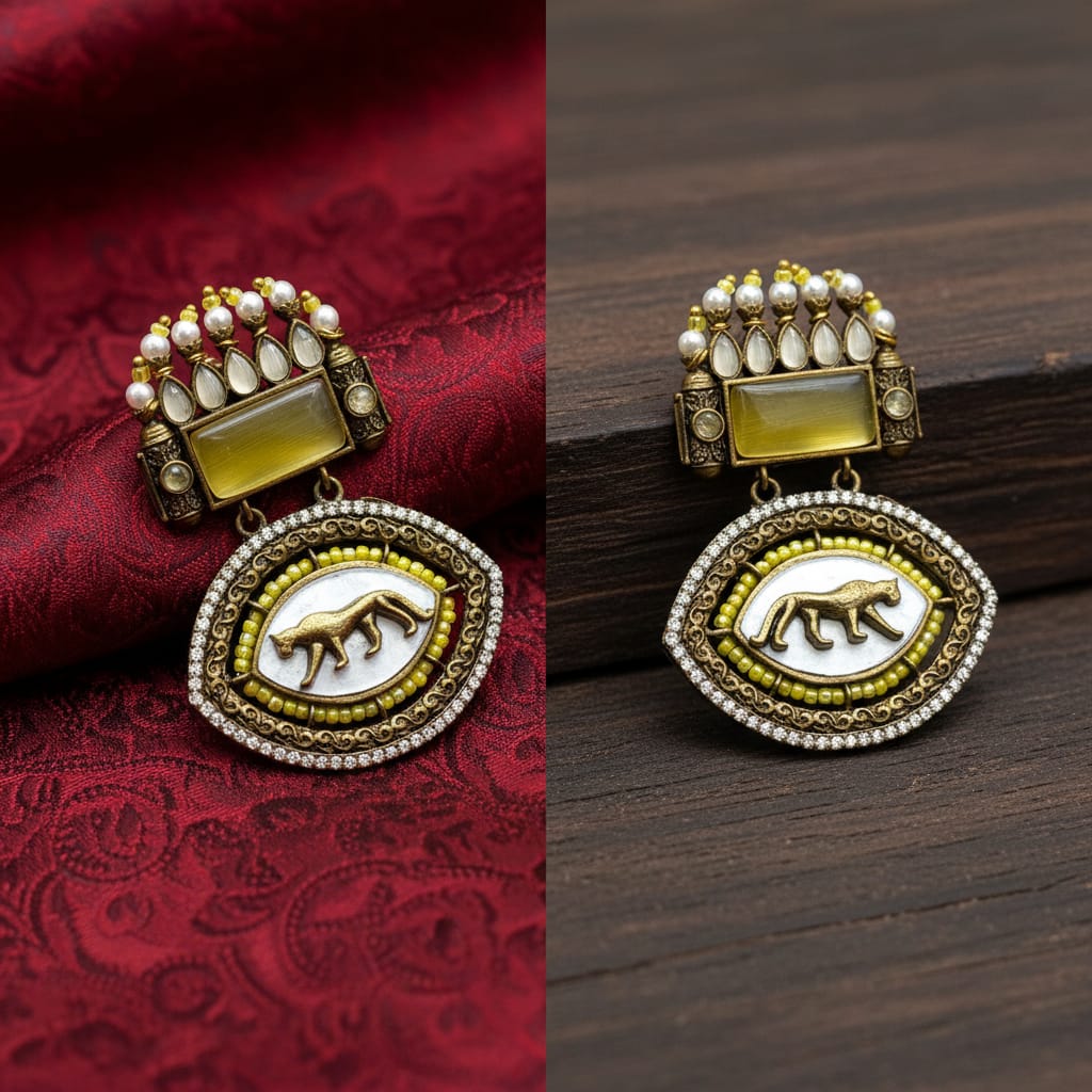 Antique Gold Tiger Motif Oval Drop Earrings