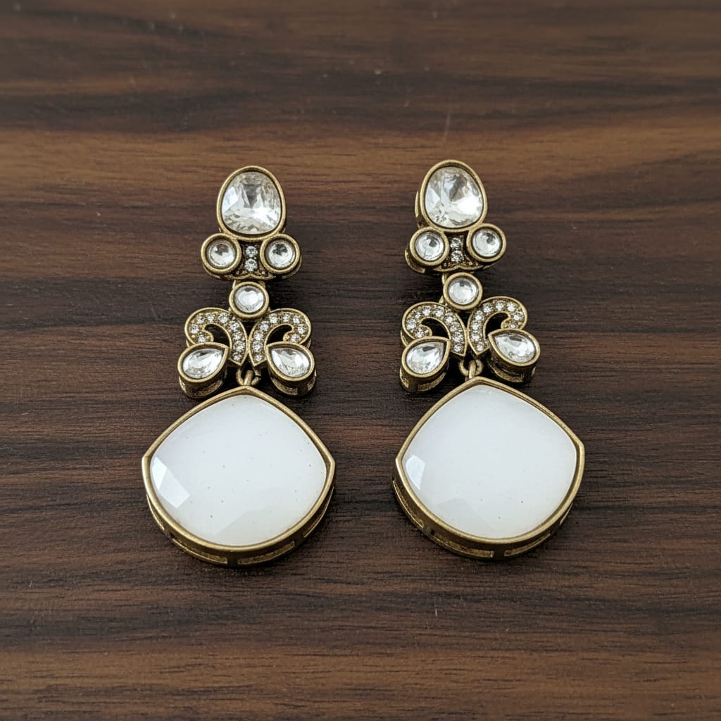 Polki CZ Butterfly Motif Stone Drop Earrings