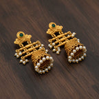 Antique Gold Jhumka Earrings with Pearl Drops & Green Stone