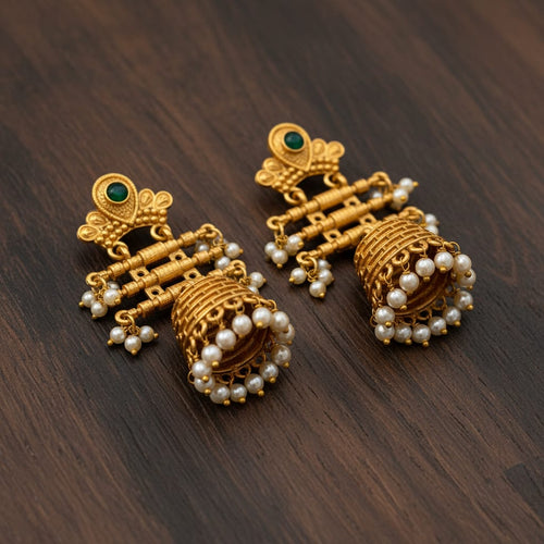 Antique Gold Jhumka Earrings with Pearl Drops & Green Stone