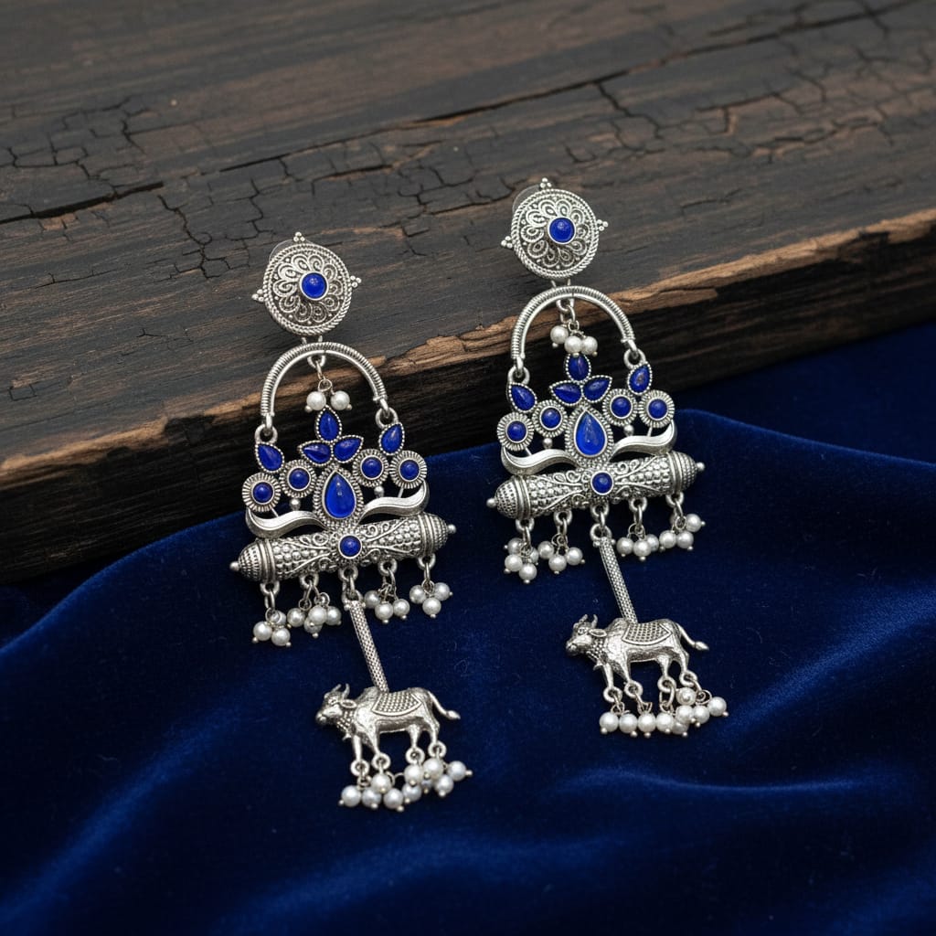 Kamdhenu Oxidised Silver Dangle Earrings with Blue Stone & Pearl Drops