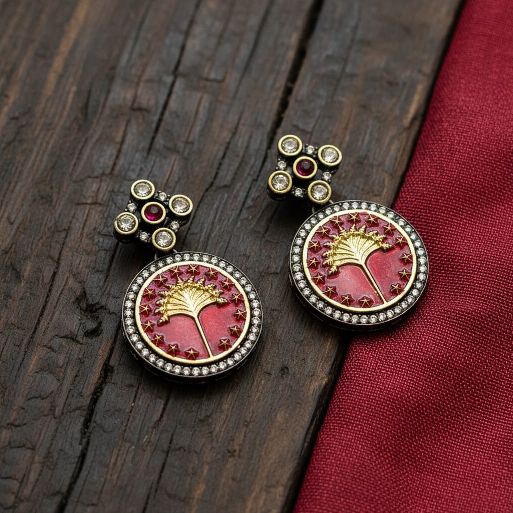 Meenakari Tree of Life Round Drop Earrings