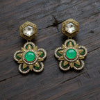 Antique Gold Polki & Floral Drop Earrings with CZ Starburs