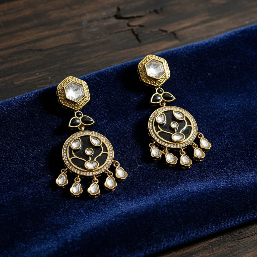 Black Meenakari Kundan Chandbali Earrings
