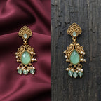 Pakshi Antique Gold Dangle Earrings with Mint Green Stone