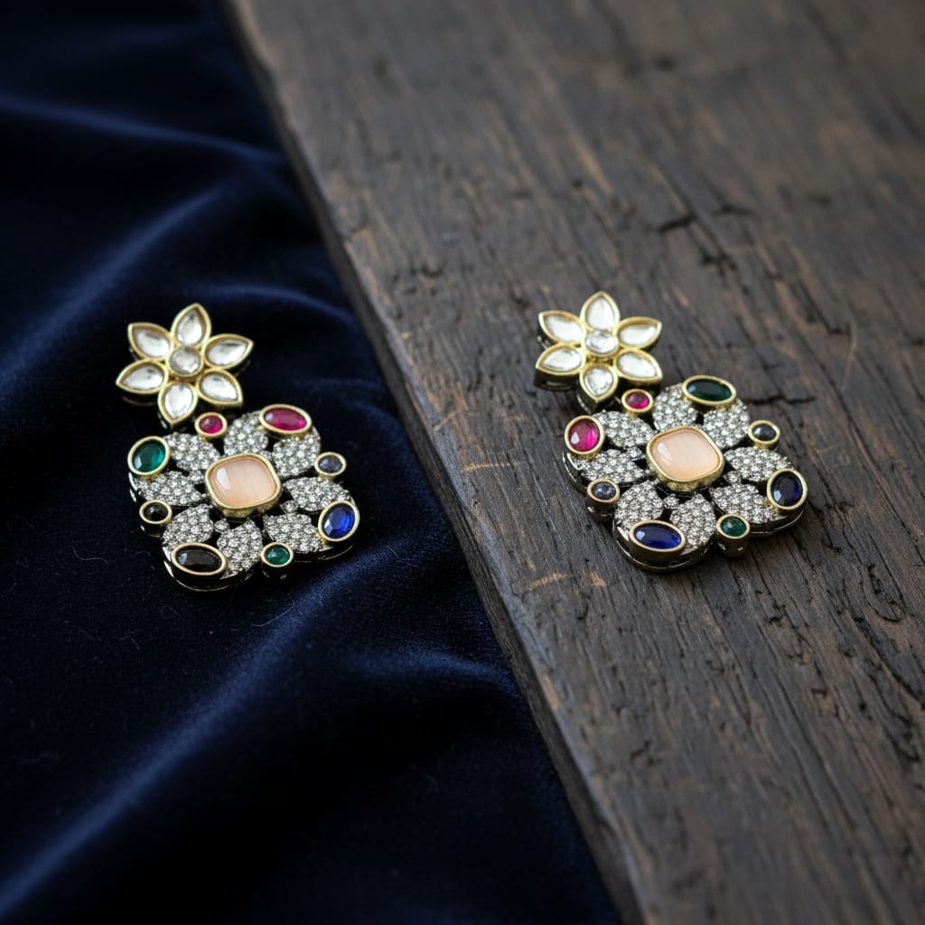 Kundan Navratna Square Drop Earrings