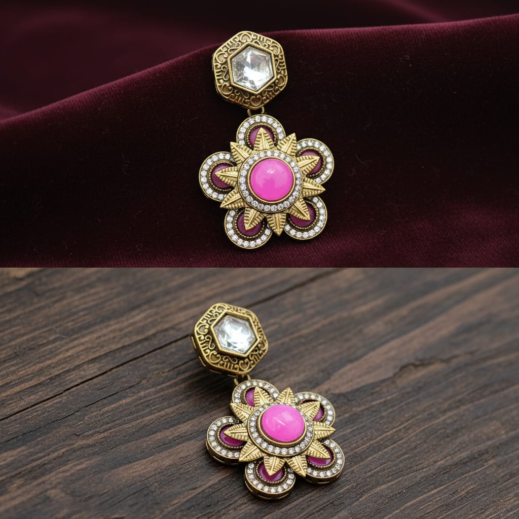 Antique Gold Polki & Floral Drop Earrings with CZ Starburs