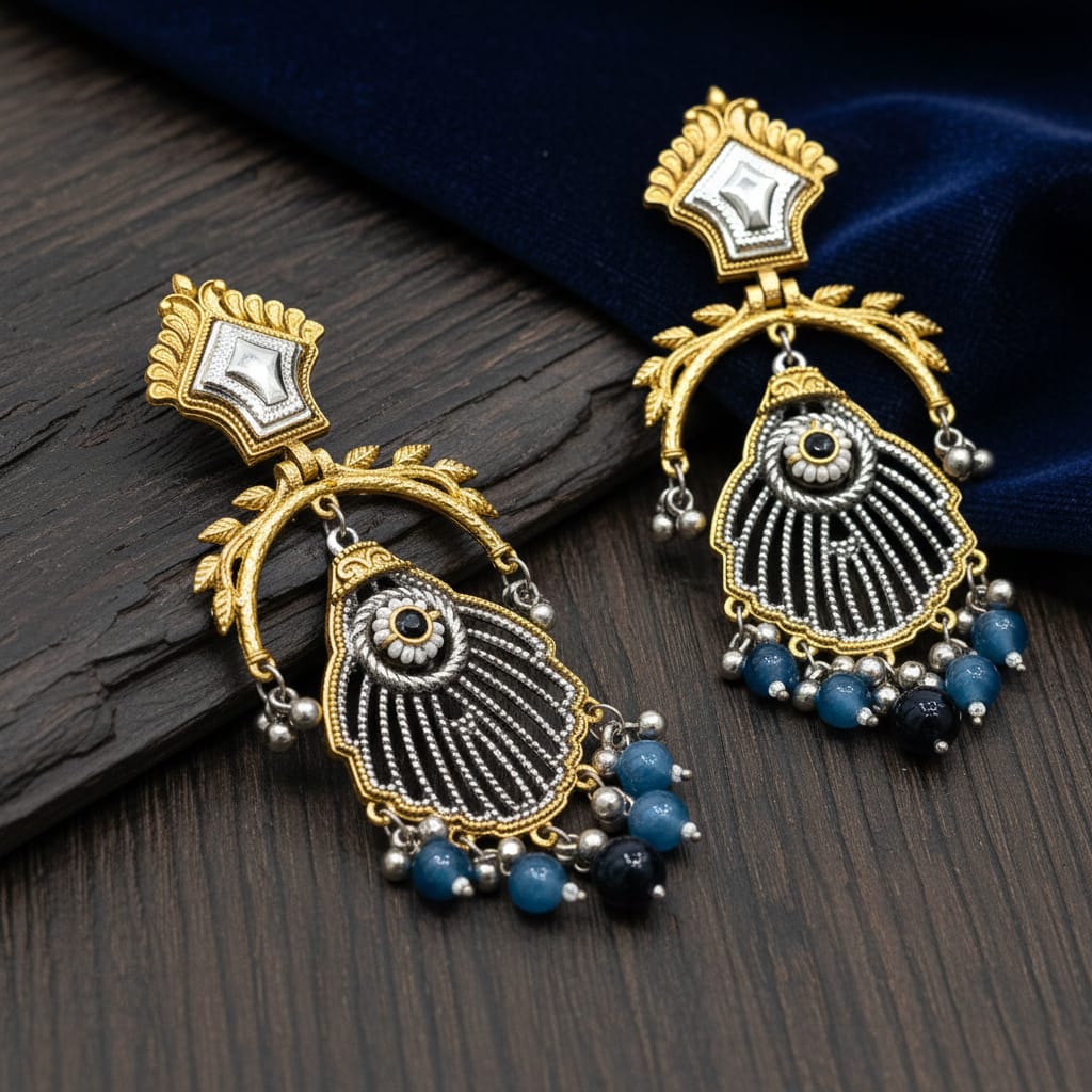 Rajwadi Dual Tone Chandbali Earrings with Mirror Kundan Top