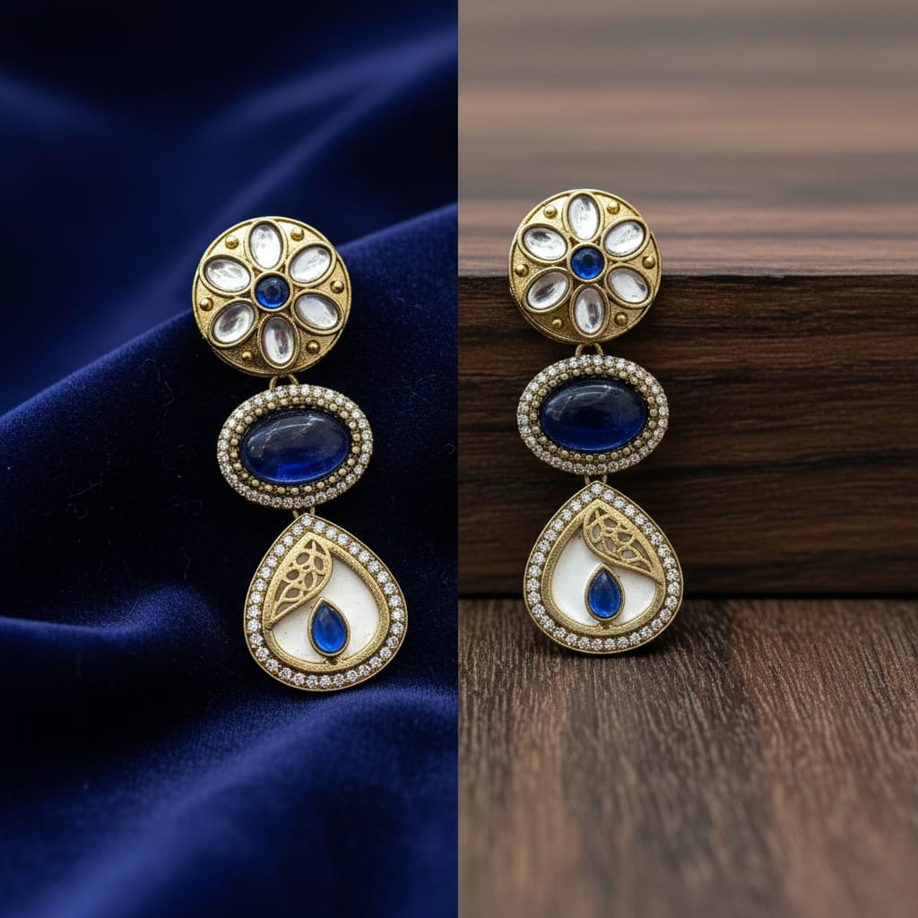 Kundan Polki Triple Drop Earrings with White Onyx