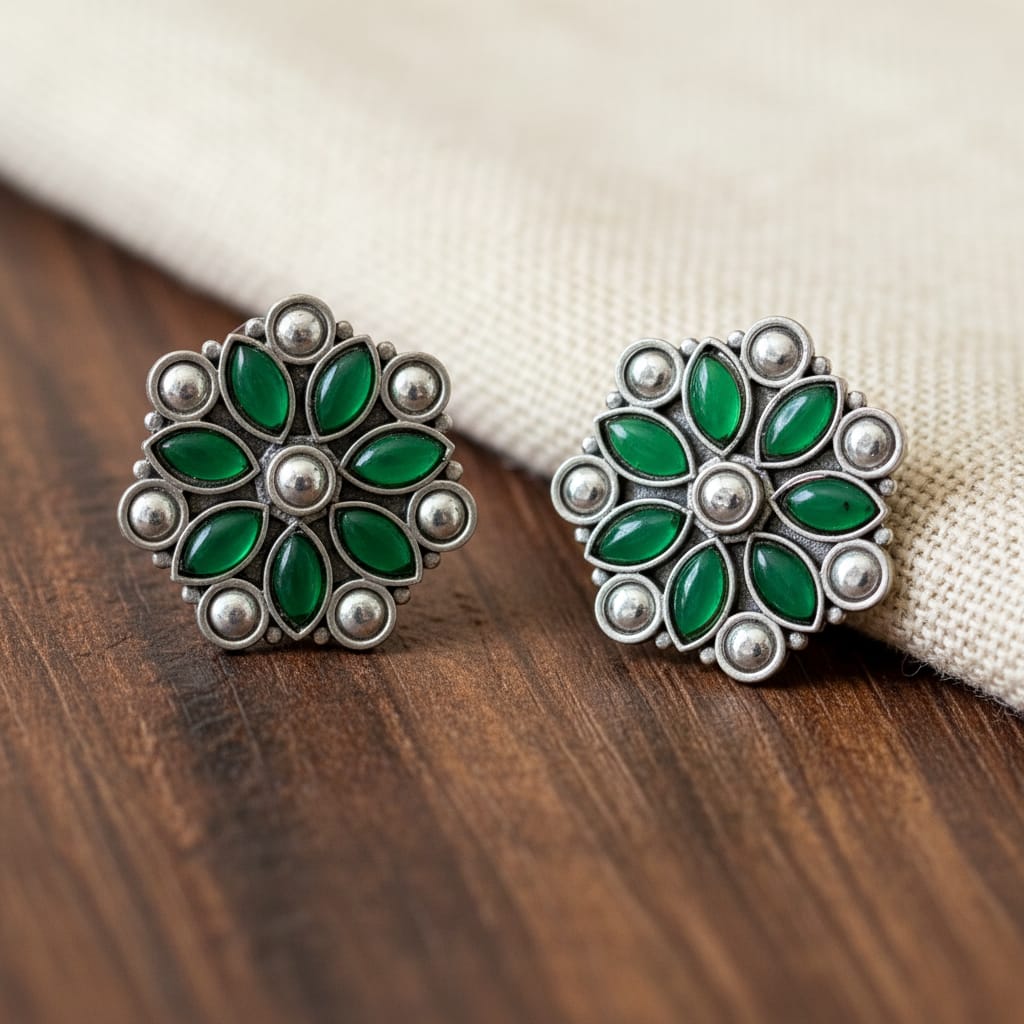 Emerald Green Floral Stud Earrings