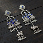 Kamdhenu Oxidised Silver Dangle Earrings with Blue Stone & Pearl Drops
