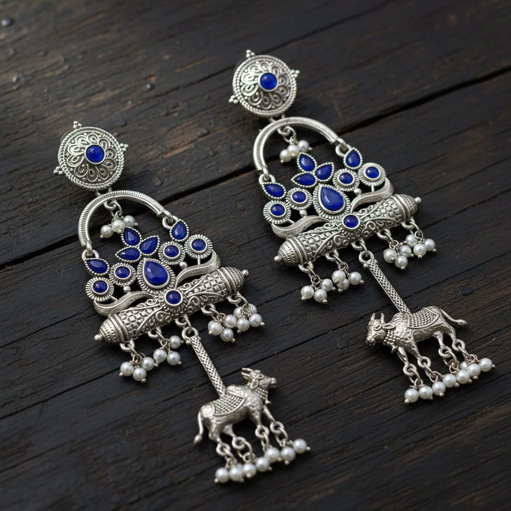 Kamdhenu Oxidised Silver Dangle Earrings with Blue Stone & Pearl Drops