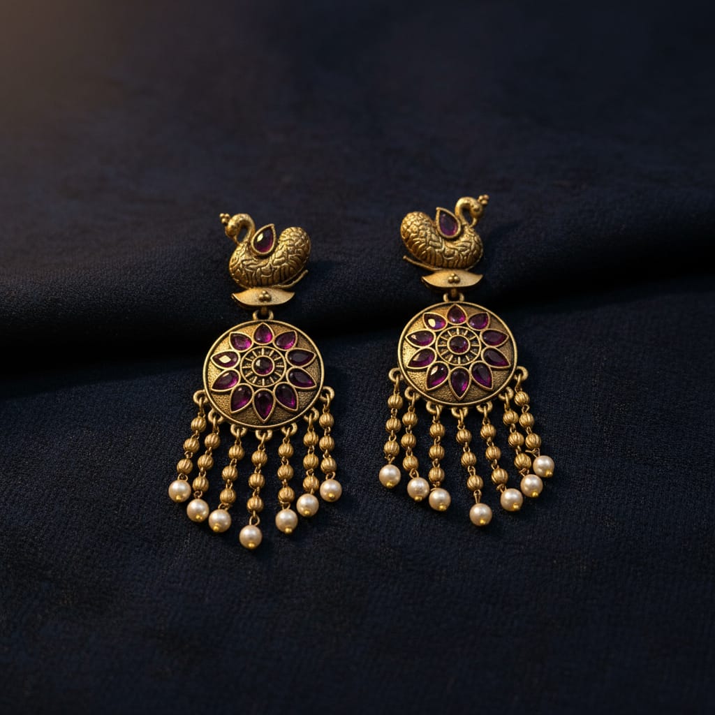 Antique Gold Swan Chandbali Earrings with Floral Disc