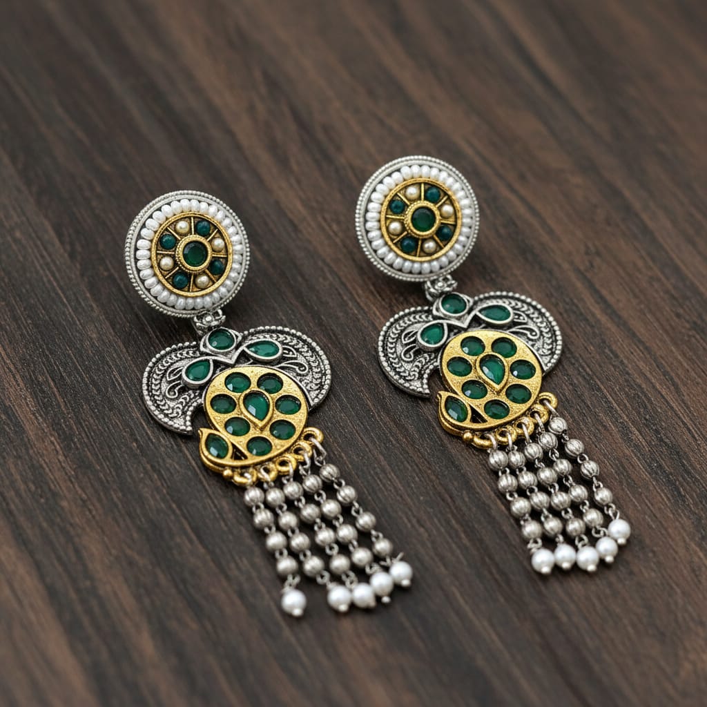 Emerald Green Stone Dual Tone Jhumka Earrings