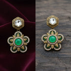 Antique Gold Polki & Floral Drop Earrings with CZ Starburs