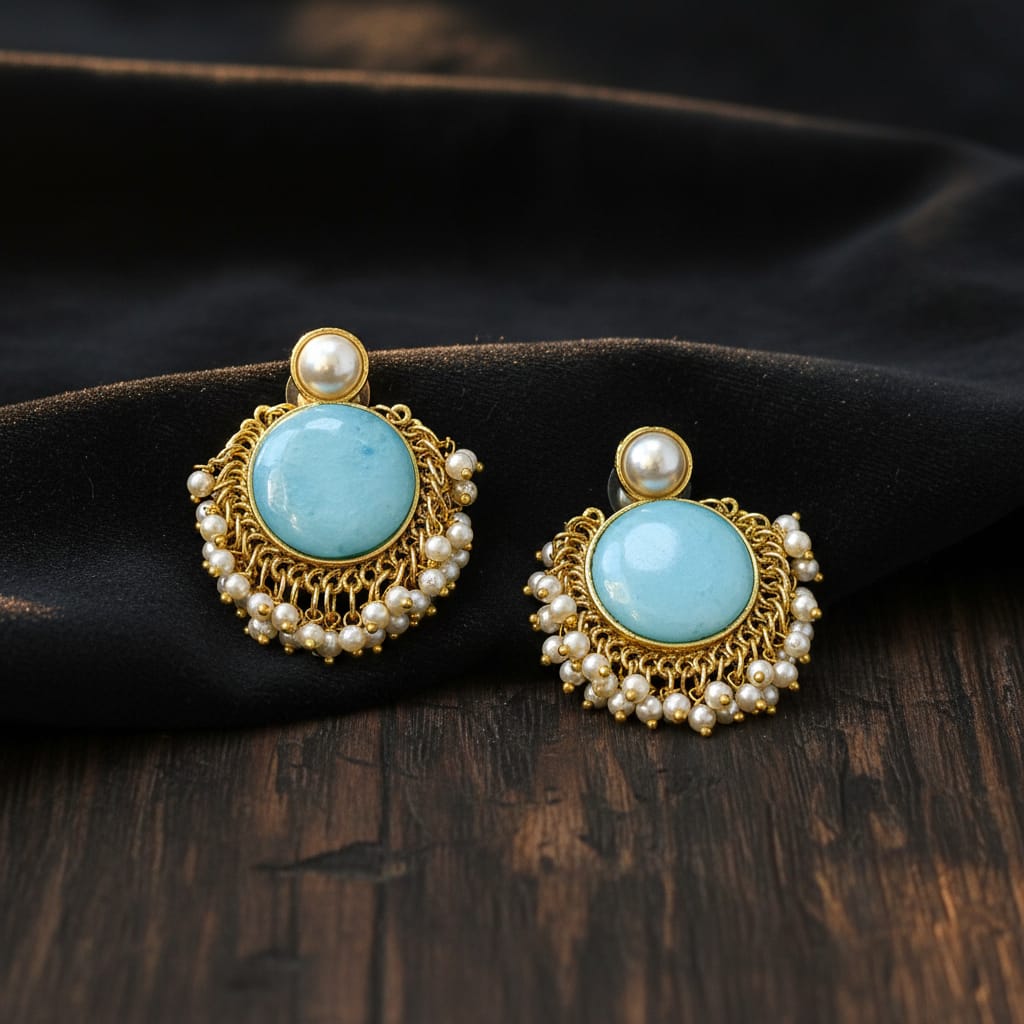 Pearl Stud Cabochon Chandbali Earrings with Seed Pearl Drops
