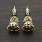 Dual Tone Long Jhumka Earrings | Kundan Ruby-Emerald Top & Gold Ghungroo Drops
