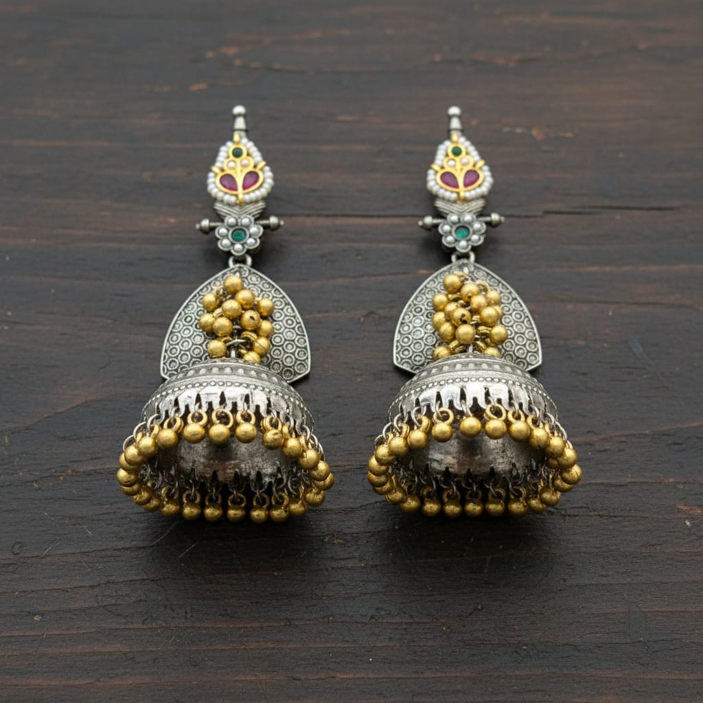 Dual Tone Long Jhumka Earrings | Kundan Ruby-Emerald Top & Gold Ghungroo Drops