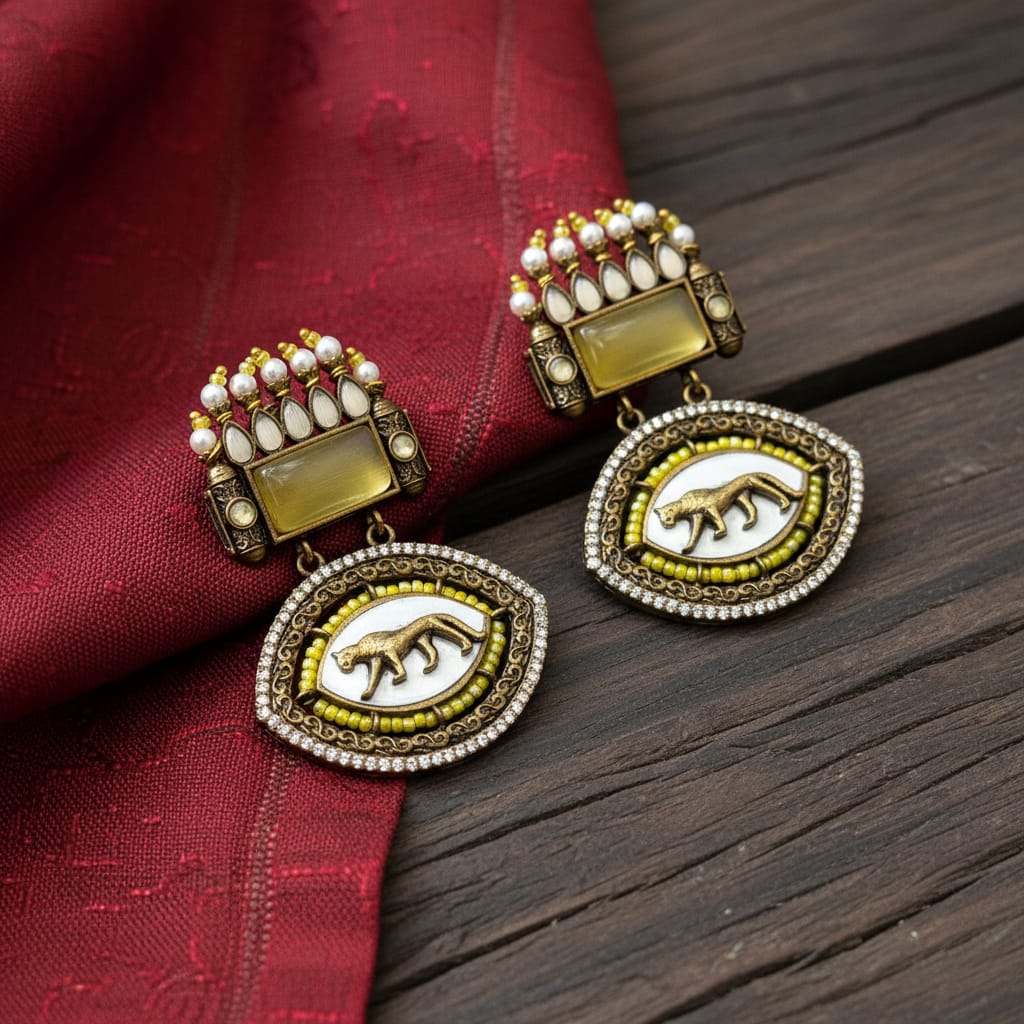 Antique Gold Tiger Motif Oval Drop Earrings