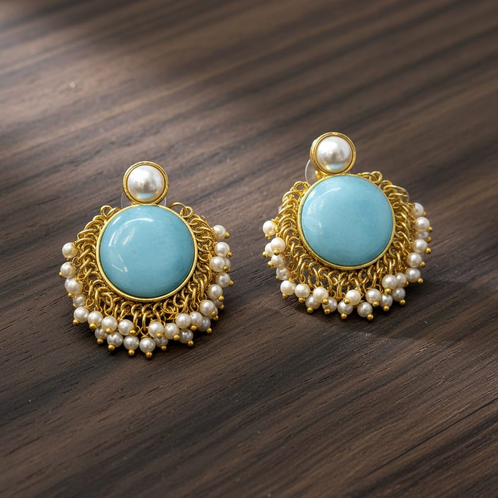 Pearl Stud Cabochon Chandbali Earrings with Seed Pearl Drops