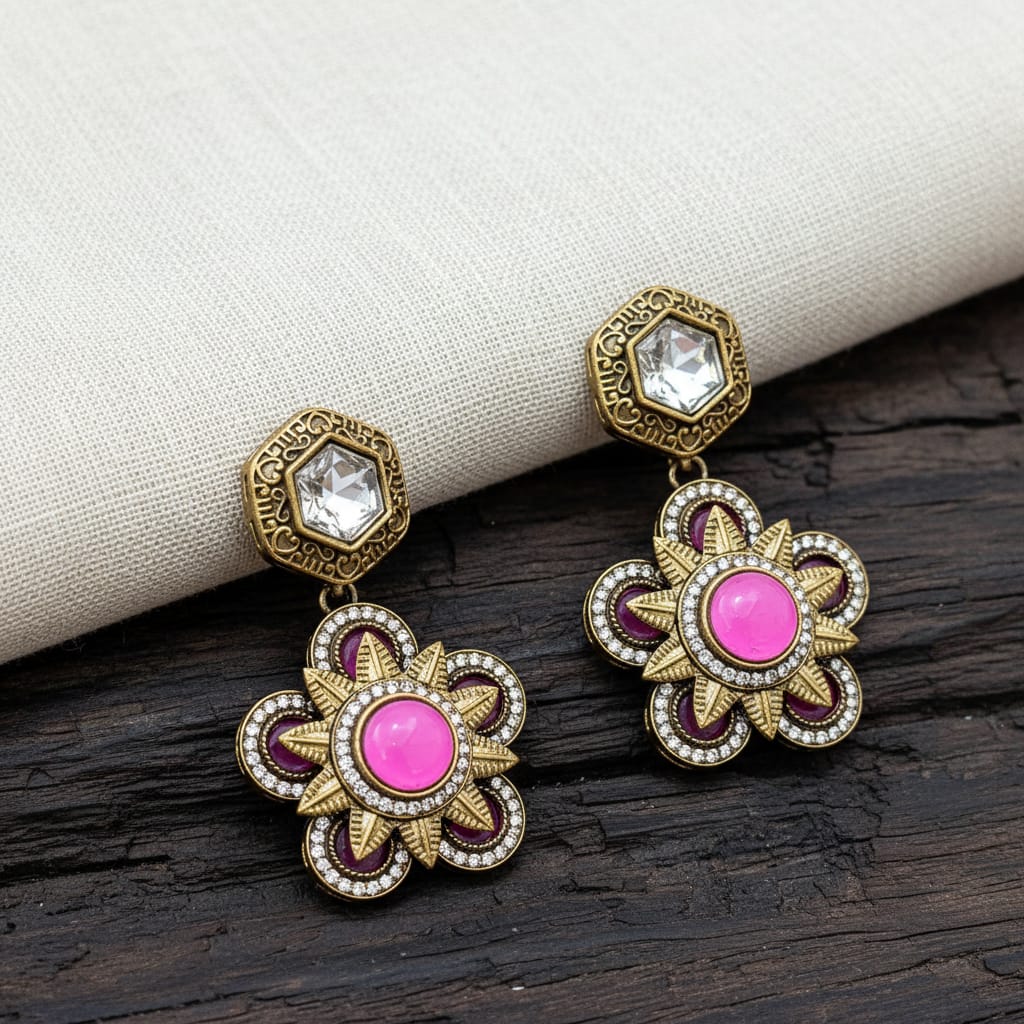Antique Gold Polki & Floral Drop Earrings with CZ Starburs