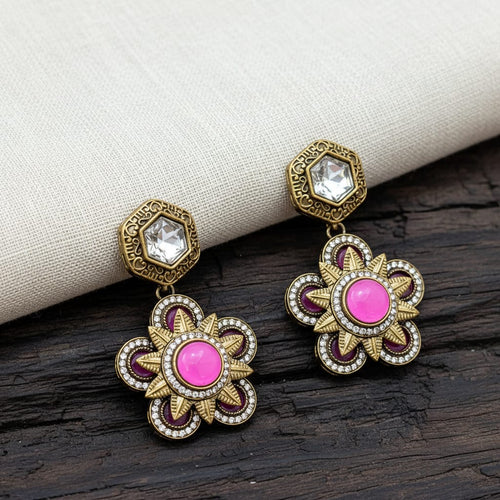Antique Gold Polki & Floral Drop Earrings with CZ Starburs