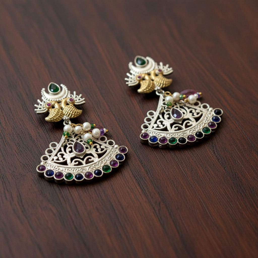 Dual Tone Peacock Chandbali Earrings