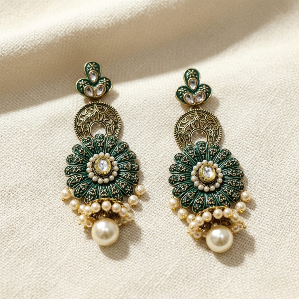 Meenakari Emerald Green Chandbali Dangle Earrings