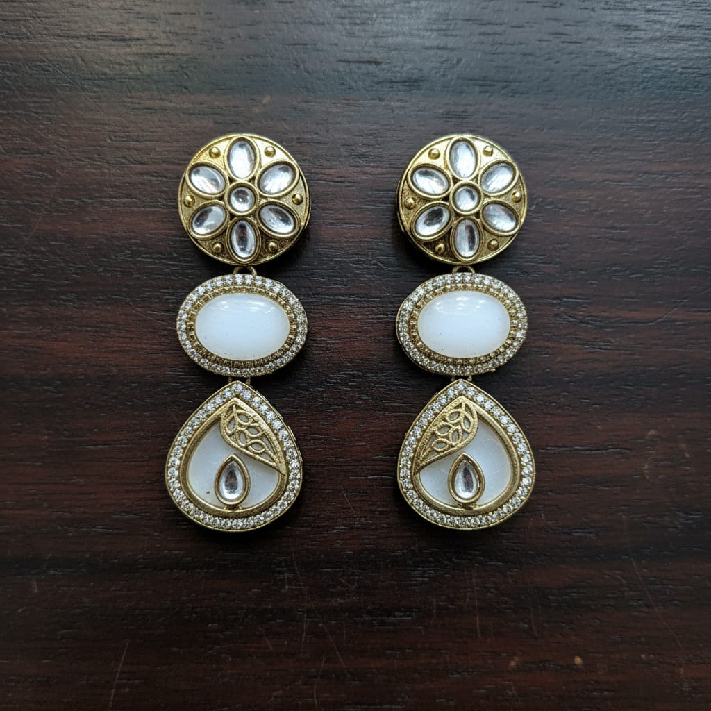 Kundan Polki Triple Drop Earrings with White Onyx
