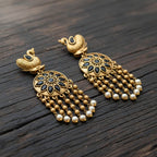 Antique Gold Swan Chandbali Earrings with Floral Disc