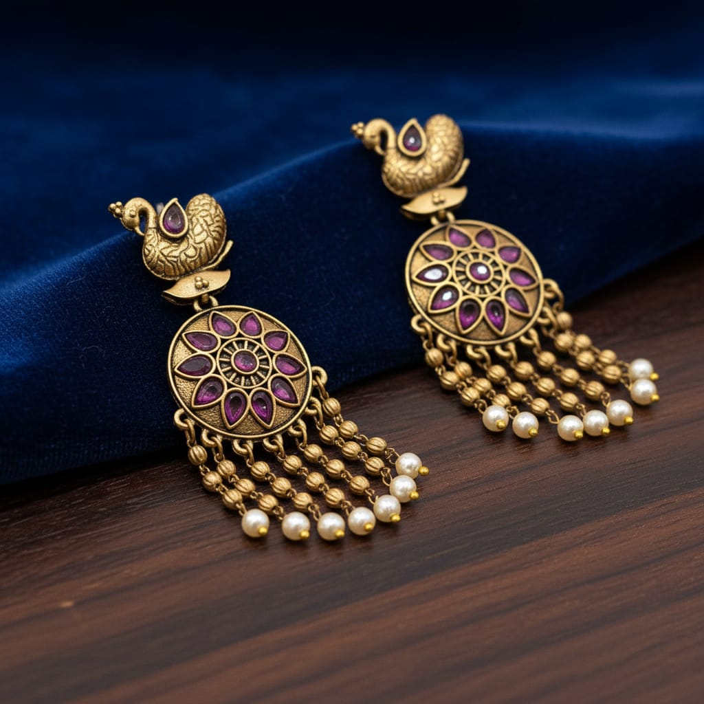 Antique Gold Swan Chandbali Earrings with Floral Disc
