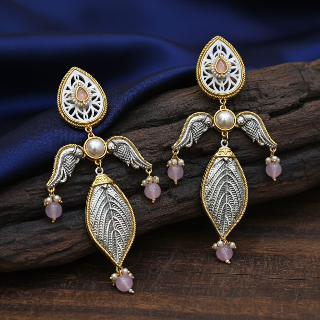 Dual Tone Leaf & Angel Wing Dangle Earrings