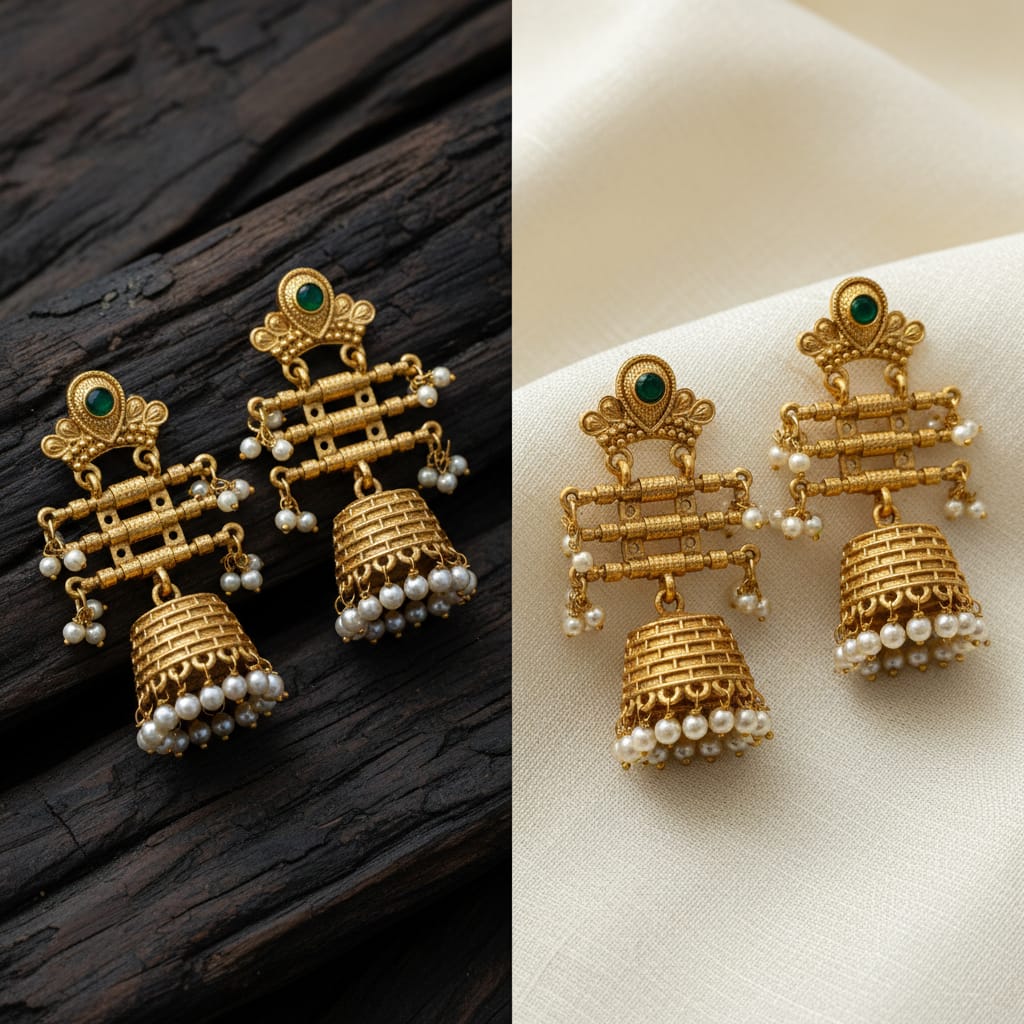 Antique Gold Jhumka Earrings with Pearl Drops & Green Stone